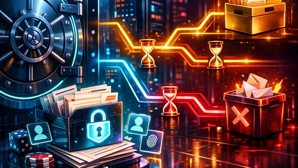 Turvaline andmearhiiv, isikuandmete märgid ja harunev tee säilitamise või kustutamise valikuga.