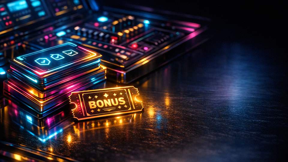 Helendavad tingimuskaardid ja boonuspilet moodustavad kontrolllaua tumeda neonvalguse keskel.