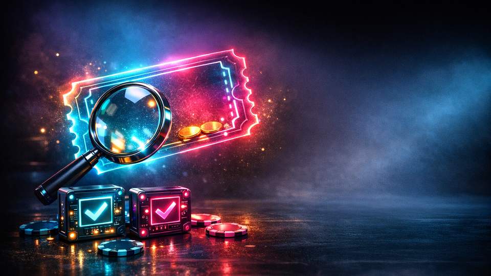 Helendav boonusepilet, luup ja kaks kontrollmoodulit hõljuvad tumedal taustal rohelise kinnituse kõrval.