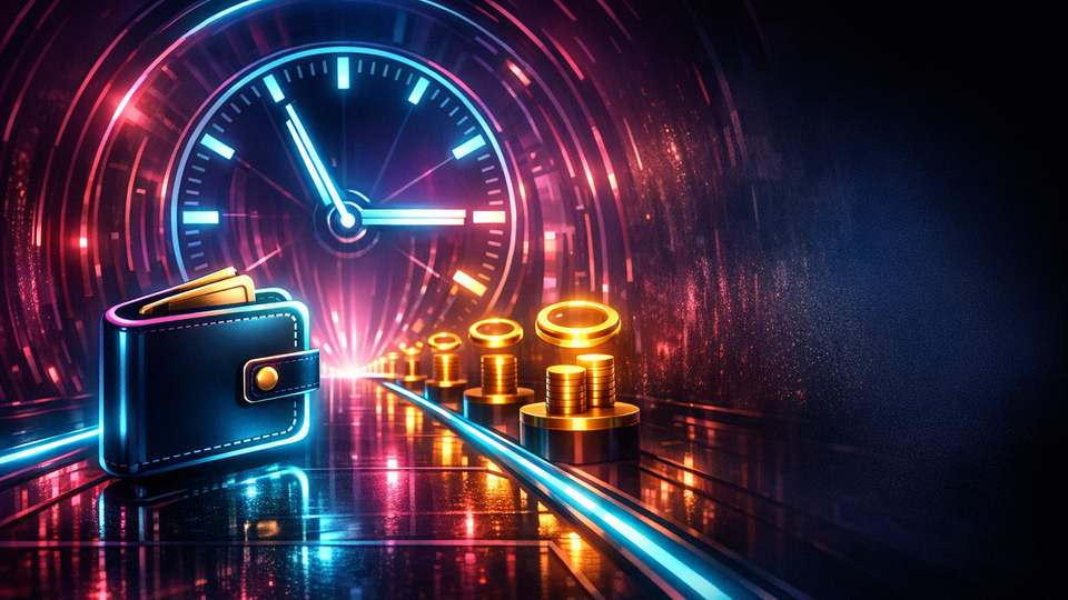 Rahakotiikoon, suur kell ja kontrolltunnel moodustavad helendava väljamaksetee tumedal taustal.