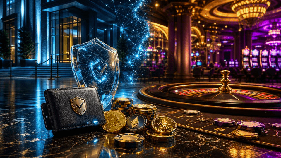 Bitcoini mündirada ja mitme krüptovõrgu sõlmed kohtuvad krüptokasiino kontrollväravas.