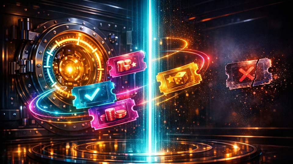 Helendavad boonusepiletid keerlevad seifi ja kontrollkiire ümber, samal ajal kui aegunud pilet hajub kõrvale.