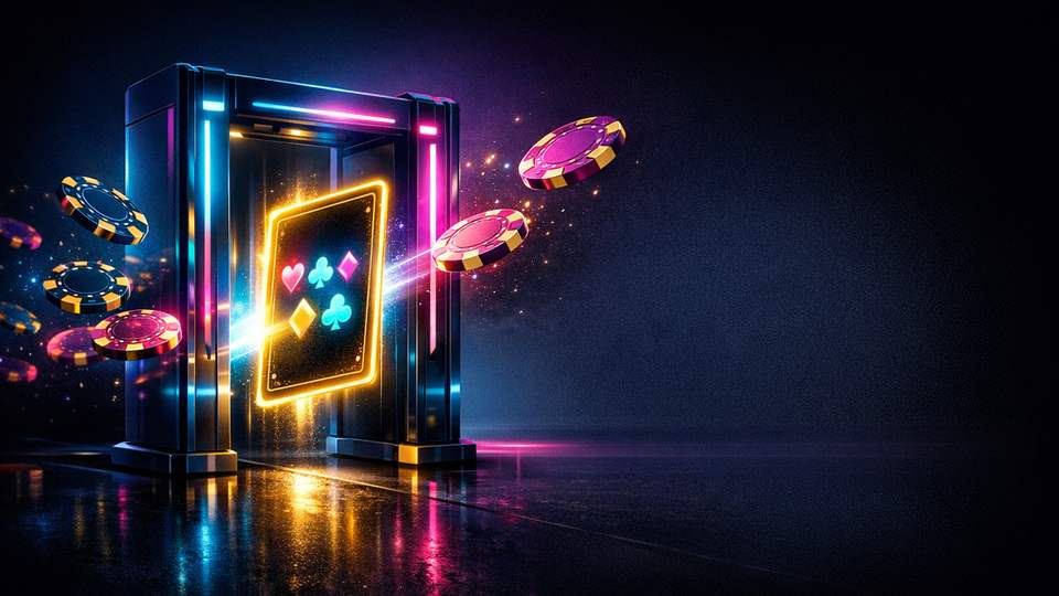 Helendav boonusekaart liigub läbi kontrollvärava, samal ajal kui žetoonid ja roheline kinnitusmärk jäävad fookusesse.