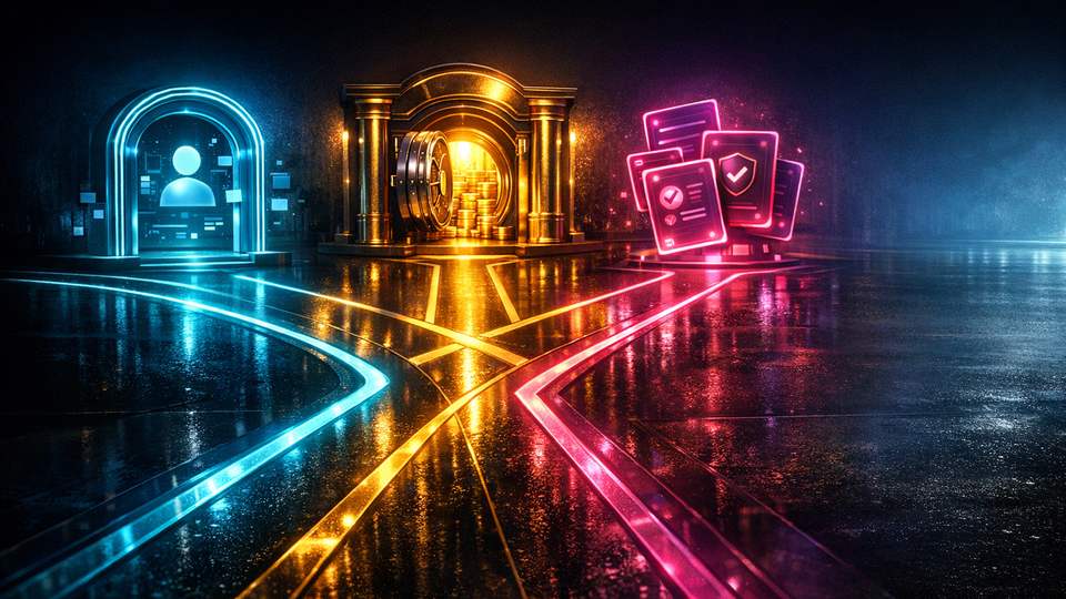 Helendav boonusristmik ühendab kontoava, sissemaksevärava ja tingimuskaardid üheks neoonsuunajaks.