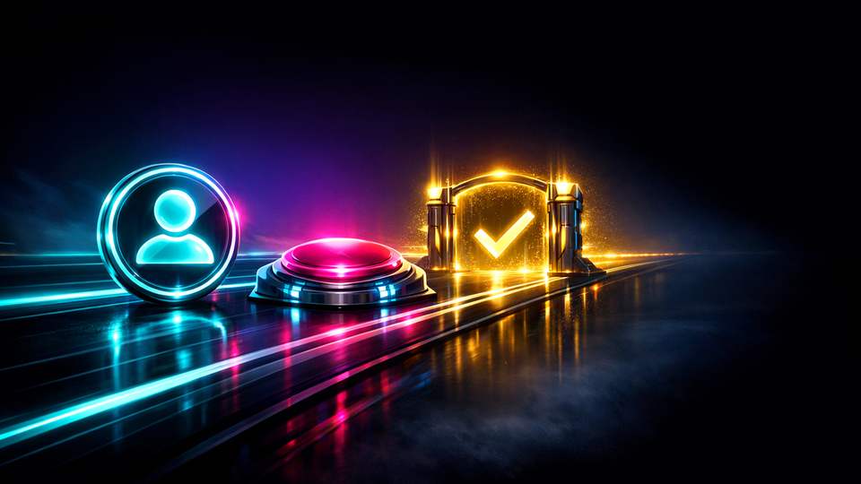 Kiire kontoikoon, stardinupp ja kinnitusevärav moodustavad samm-sammulise neonraja.