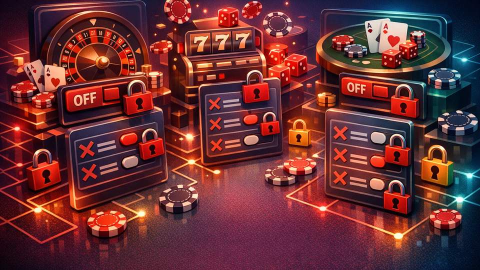 Kontrollnimekiri linnukeste, lukuikoonide ja ajajoonega, mis kujutab enesevälistust mitmes kasiinos.