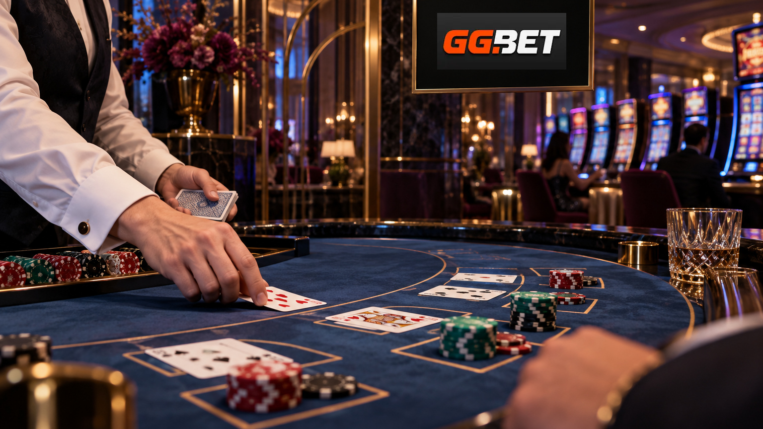 GGBeti ametlik logo live-blackjacki mängulaua kohal; diileri käsi, kaardid ja žetoonid kasiinos.