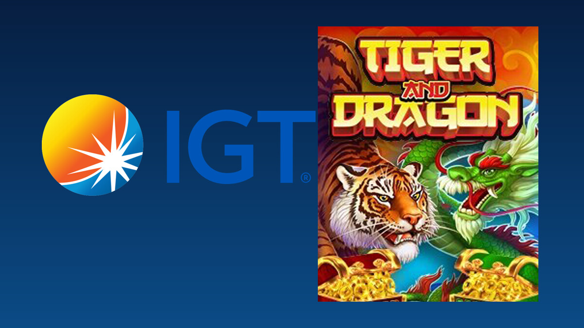 IGT ametlik logo sinisel taustal ja IGT Tiger and Dragon mängu ametlik tootepilt