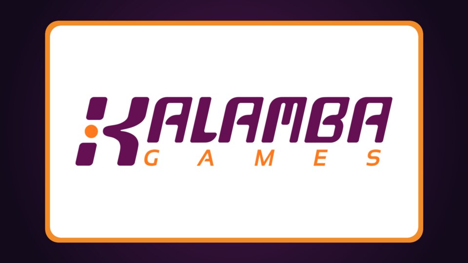 Kalamba Gamesi ametlik lilla ja oranž logo muutmata kujul puhtal lillal ning valgel faktikontrolli taustal.