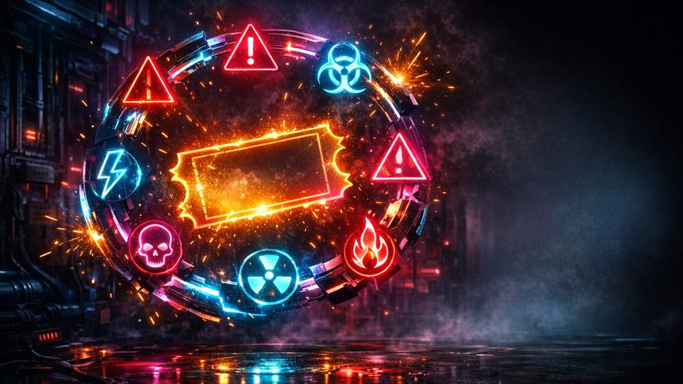 Seitse helendavat hoiatusmärki ümbritsevad boonusepiletit, mille ümber liigub katkestatud valgusring.