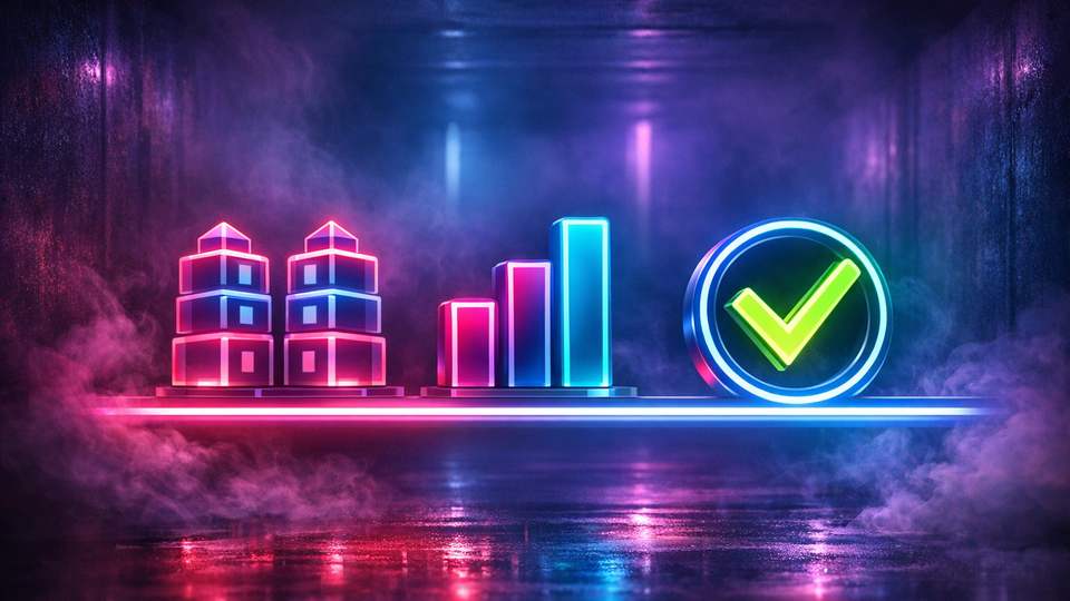 Kaks hõõguvat kampaaniatorni, võrdlusjooned ja kuldsed žetoonid moodustavad selge võrdlusvaate.