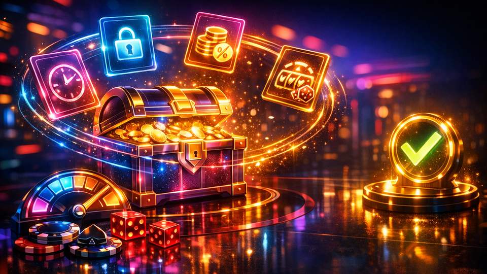 Avatud boonuslaeka ümber tiirlevad kontrollkaardid, läbimängimisketas ja roheline kinnitusemärk.