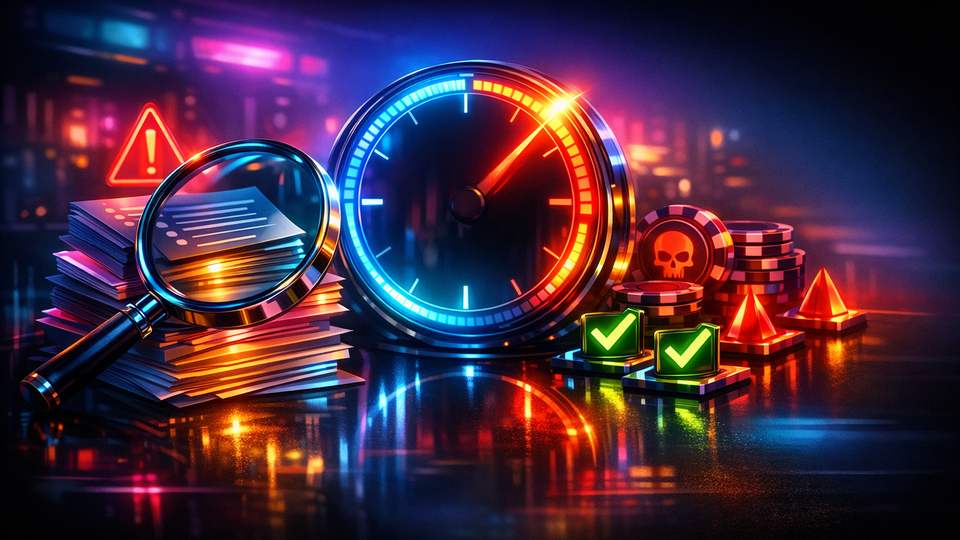 Lepingupunktide kaardid, luup, taimer ja riskimärgid kiire tingimuste kontrolli sümbolina.