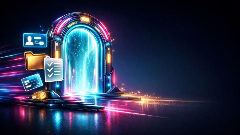 Kiire kontoportaal, pidurdav kontrollvärav ja dokumentide ikoonid näitavad KYC peatumispunkti.