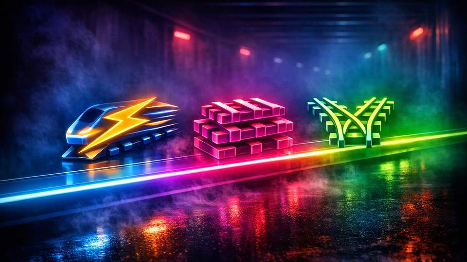 Kaks paralleelset neonrada, üks kiire ja üks klassikaline, kannavad eri värvi boonusmärke võrdlusstseenis.