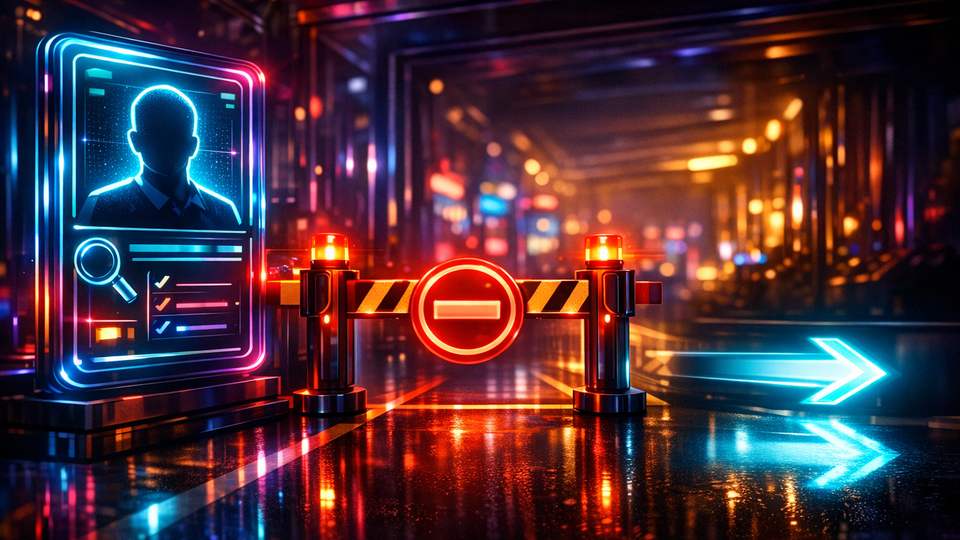 Peatatud ligipääsutee, ajutine tõke ja profiili läbivaatuse paneel konto piirangu sümbolina.