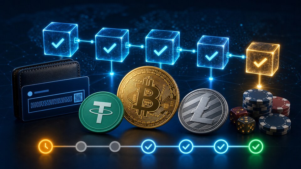 Krüptokasiino võrgu kinnitused, walleti kaart ja BTC, USDT ning LTC maksesõlmed tumedal taustal.