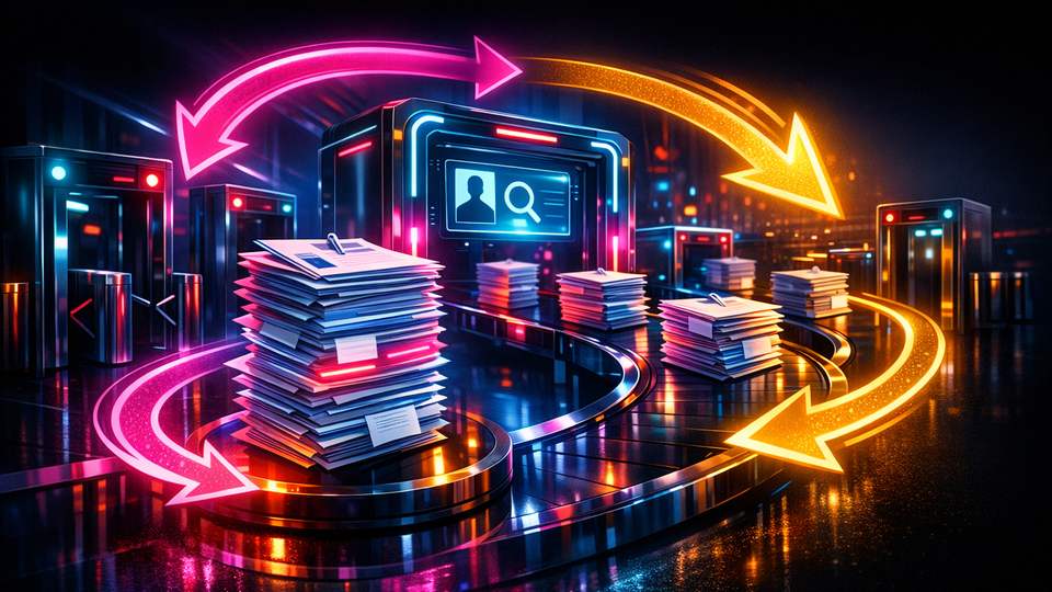 Dokumendivirnad liiguvad noolega läbi korduvate kontrollväravate ja turvamärkide.