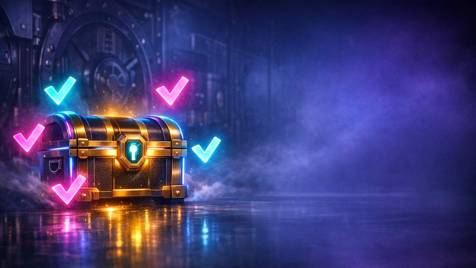 Helendav boonuslaegas ja pehmed kontrollmärgid hõljuvad lilla-sinises neonkeskkonnas.