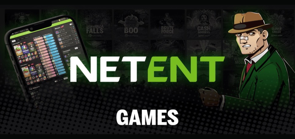 NetEnti ametlik mängukataloogi kollaaž ning ametlik NetEnti logo mustal toimetuslikul kaanepildil.