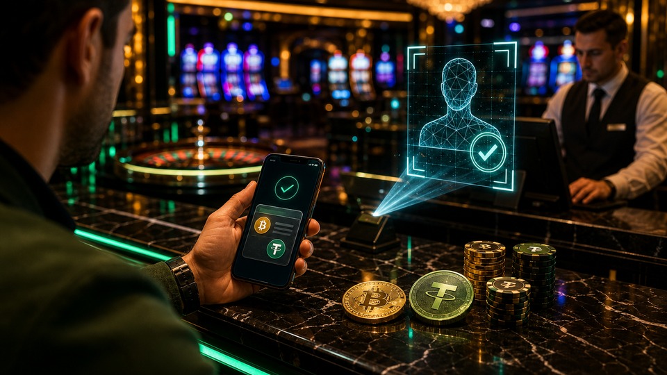 Anonüümsust lubav mask avaneb KYC kontrollvärava ees pärast krüptovõitu.