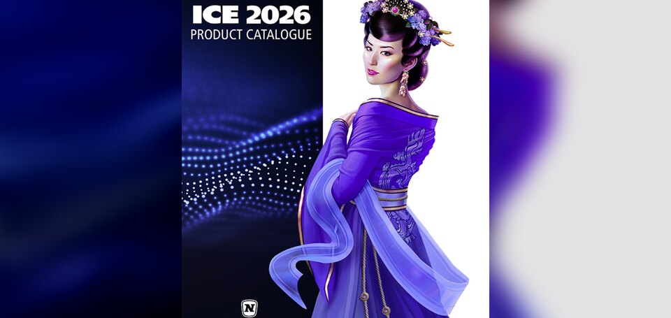 NOVOMATICu ametliku 2026. aasta tootekataloogi kaas muutmata logo ja tootegraafikaga sinisel toimetuslikul taustal.