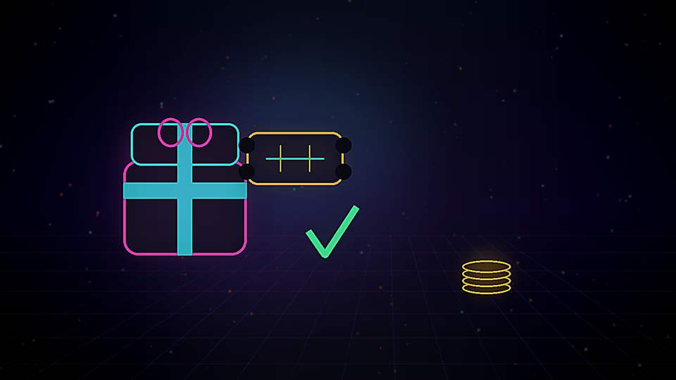 Neoonne kinkekarp, kampaaniapilet ja kinnitusega boonuskaart hõljuvad tumedal kasiinotaustal.