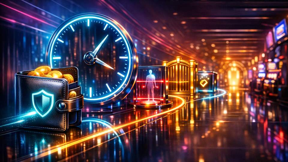 Rahakott, suur kell ja kontrollväravad moodustavad helendava väljamaksekoridori.