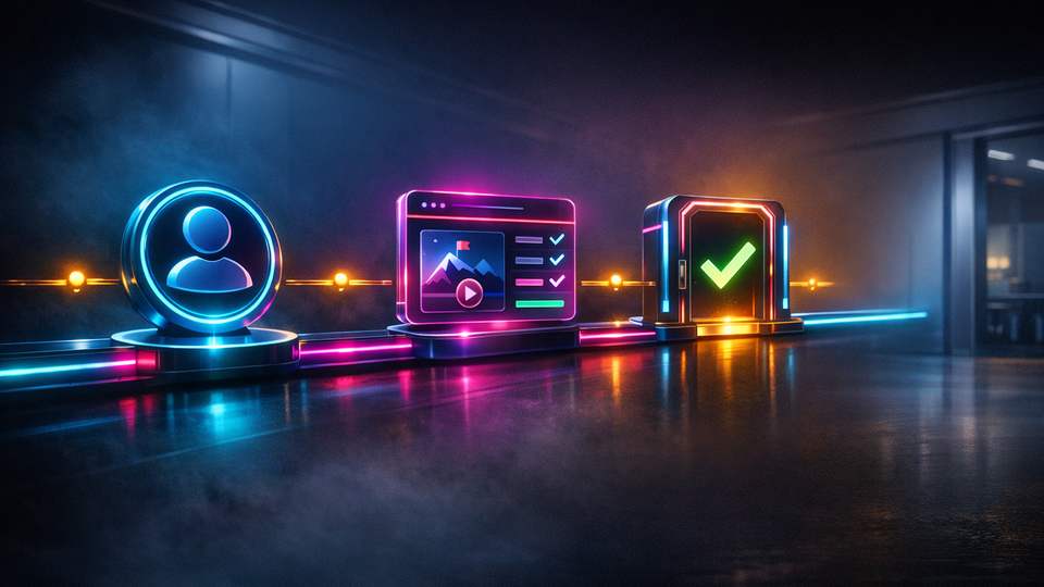 Valgusrajal paiknevad kontoikoon, kampaaniakaart ja kinnituse värav rõhutavad õiget tööjärjekorda.