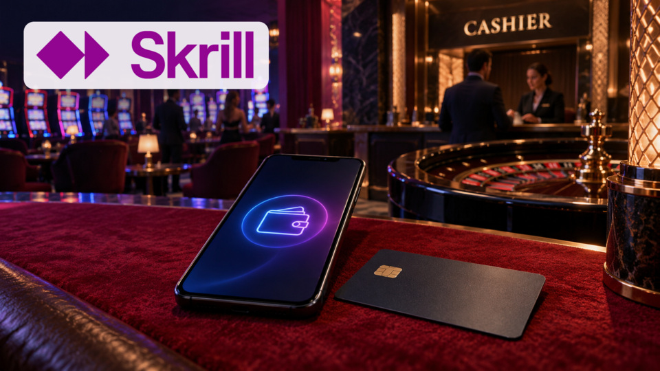 Skrilli algupärane logo ning eraldi kaart ja digitaalne rahakott kasiino kassasaalis.