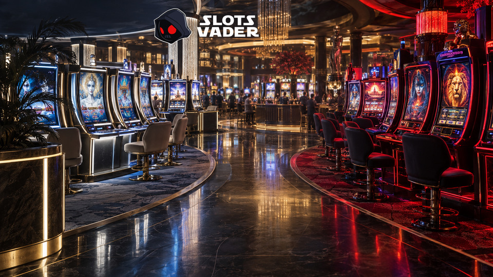 Slots Vaderi ametliku logoga päris kasiinosalong, kus kaks slotimasinate rida näitavad kahe tervitusvaliku teed.