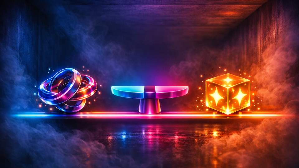 Kaks vastanduvat neonrada, ühel pöörlevad spinnisümbolid ja teisel boonusžetoonid, moodustavad võrdlusstseeni.