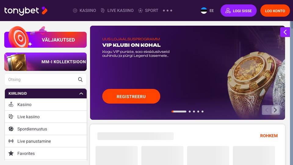 TonyBeti ametlik Eesti veebivaade lillal taustal koos nähtava TonyBeti logoga.