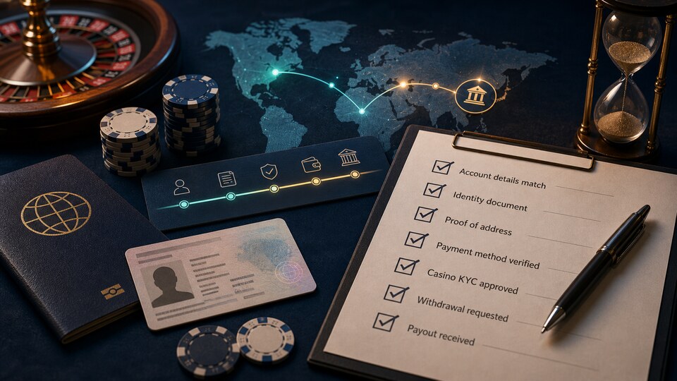 Välismaa kasiino väljamakse teekond, KYC dokumendid ja kontrollnimekiri tumedal laual.