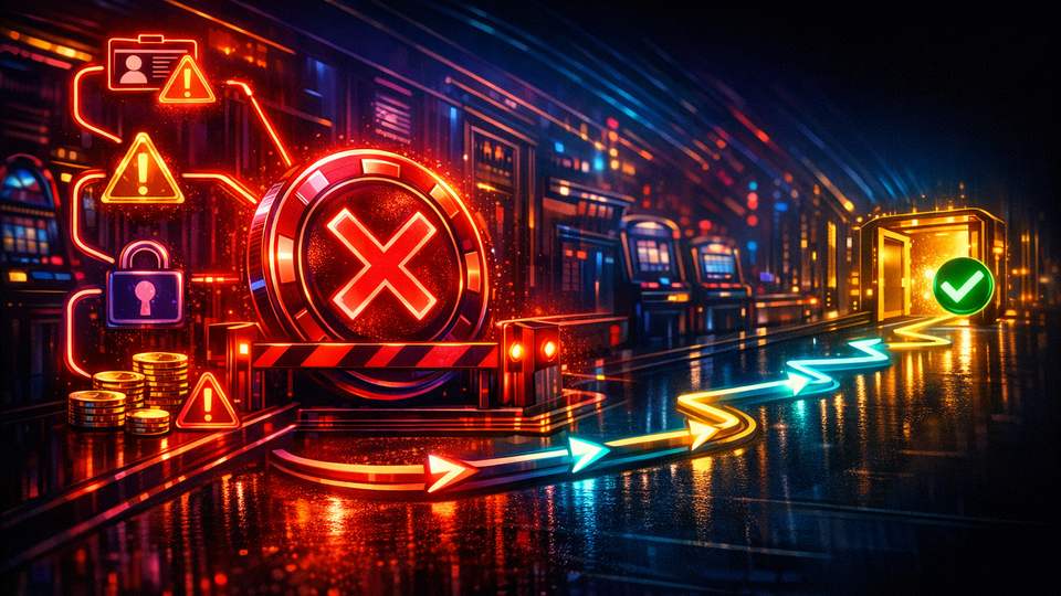 Tagasi lükatud makse, blokeeritud väljamaksetee ja nooled parandussammude suunas.