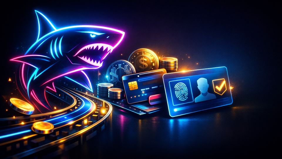 Terav neoonhai siluett, makserada ja KYC kontrollkaart moodustavad Winsharki eelvaate.