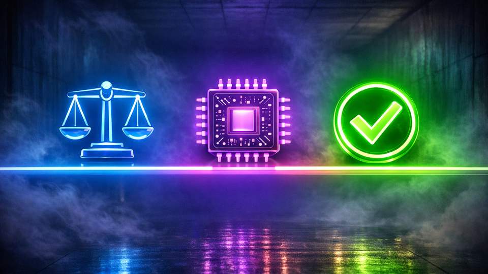 Helendav boonusmärk, voolavad valgusrajad ja tasakaalus žetoonid kujutavad sobivuse hindamist.