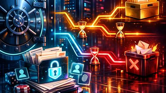 Turvaline andmearhiiv, isikuandmete märgid ja harunev tee säilitamise või kustutamise valikuga.