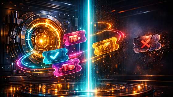 Helendavad boonusepiletid keerlevad seifi ja kontrollkiire ümber, samal ajal kui aegunud pilet hajub kõrvale.