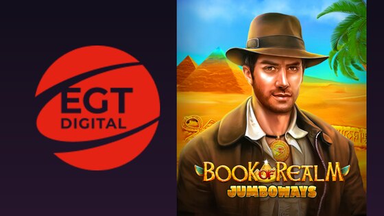 EGT Digitali ametlik punane logo ja ametlik Book of Realm Jumboways mängukujundus tumedal kaanepildil.