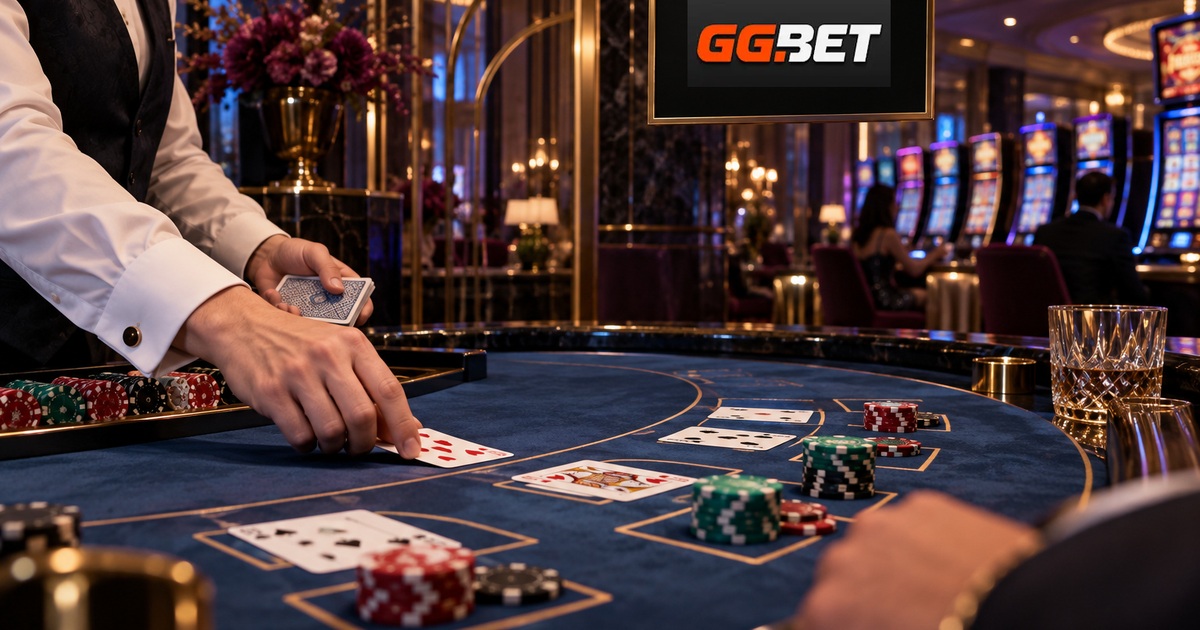 GGBeti ametlik logo live-blackjacki mängulaua kohal; diileri käsi, kaardid ja žetoonid kasiinos.