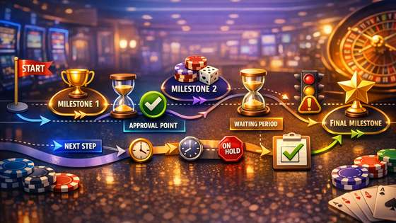 Kalendri verstapostid ja noolega ühendatud etapid, mis kujutavad hasartmängupiirangu eemaldamise protsessi.