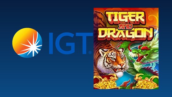 IGT ametlik logo sinisel taustal ja IGT Tiger and Dragon mängu ametlik tootepilt