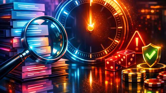 Lepingupunktide kaardid, luup, taimer ja riskimärgid kiire tingimuste kontrolli sümbolina.