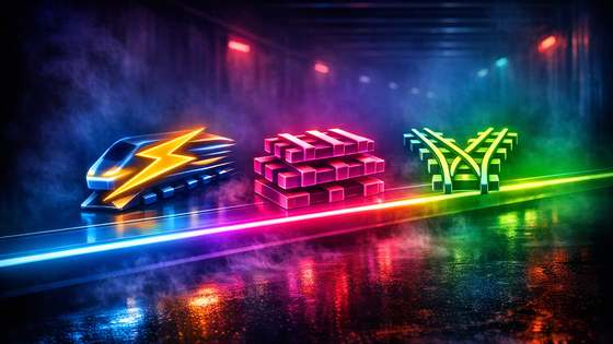 Kaks paralleelset neonrada, üks kiire ja üks klassikaline, kannavad eri värvi boonusmärke võrdlusstseenis.