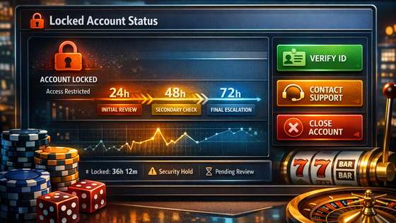 Ajutiselt lukustatud konto vaade koos staatusekraanide ja järgmiste sammude tähistega.