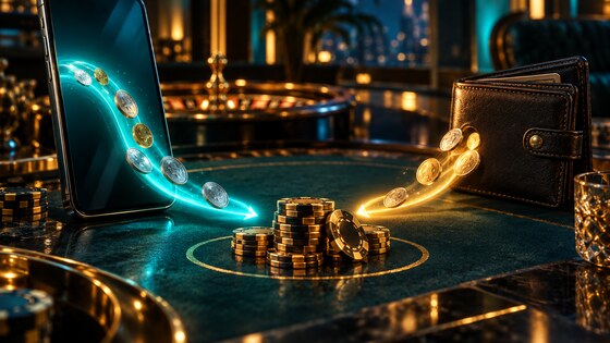 Kaks helendavat ja brändivaba makserada liiguvad mobiilsest rahakotist kasiinožetoonide poole tumedal toimetuslikul taustal.