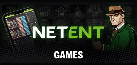NetEnti ametlik mängukataloogi kollaaž ning ametlik NetEnti logo mustal toimetuslikul kaanepildil.