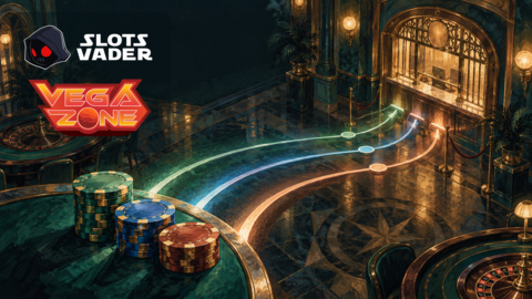 Slots Vaderi ja Vegazone’i algupärased logod maalilises kasiinosaalis, kust kolm helendavat rada viivad kassasse.