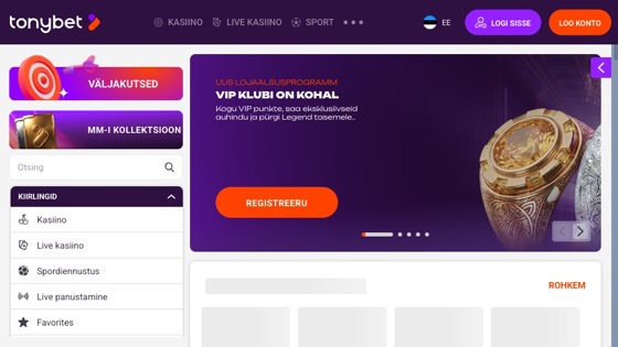 TonyBeti ametlik Eesti veebivaade lillal taustal koos nähtava TonyBeti logoga.